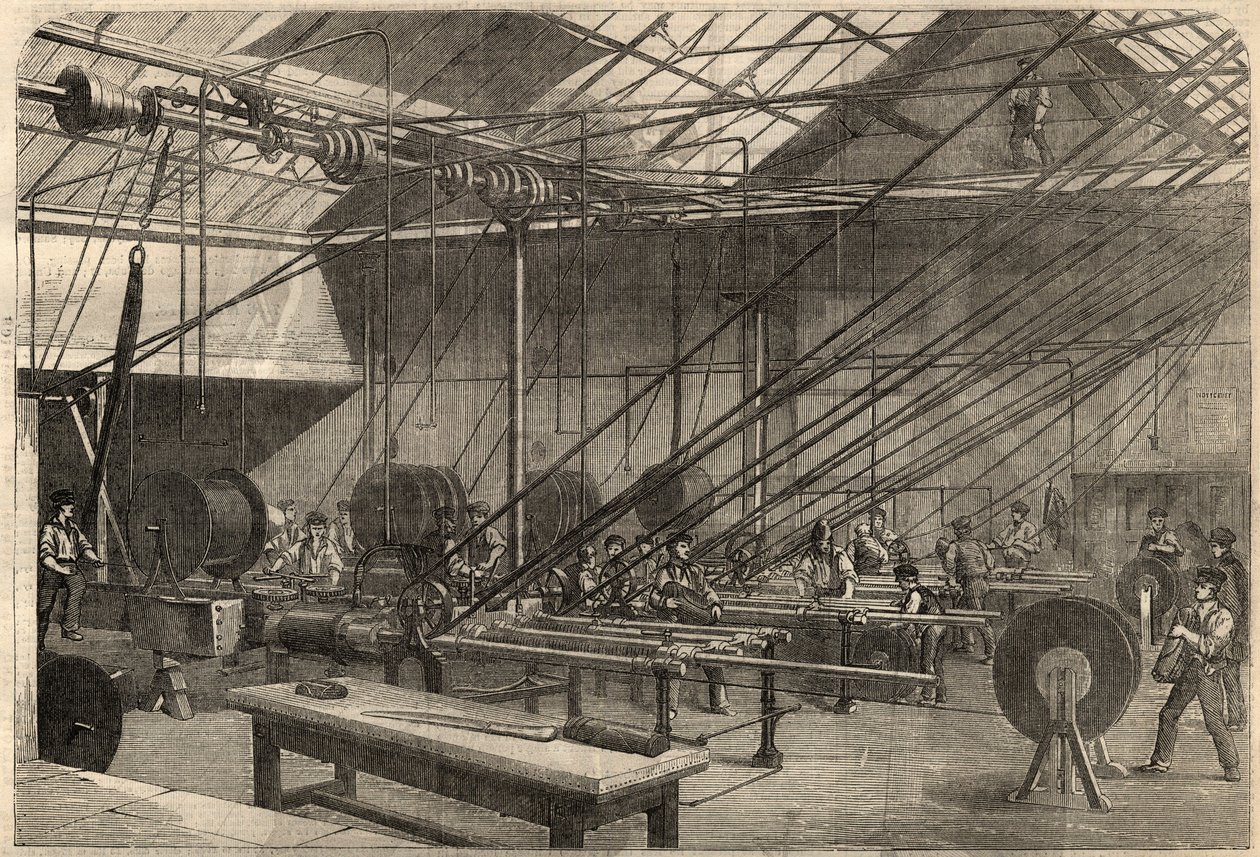 Telegrafi: tillverkning av transatlantisk kabel. Maskiner som belägger guttaperkakabeln i Glass, Elliot and Company-fabriken på Wharf Road i London, England. Gravyr i "" The Illustrated London News"" av 14 mars av Unknown artist