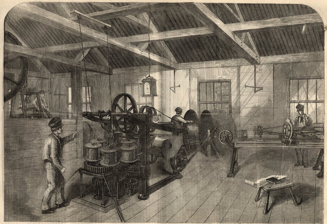 Telegrafi: tillverkning av transatlantisk kabel i Glass, Elliot and Companys fabrik i East Greenwich (England). Gravyr i "" The Illustrated London News"" av 14 mars av Unknown artist