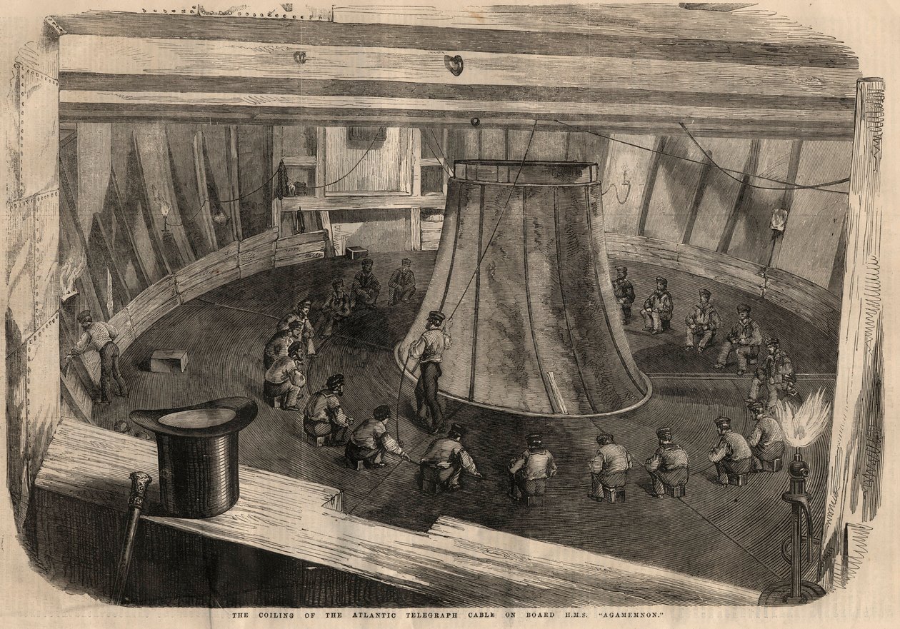 Telegrafi: lindningen av den transatlantiska kabeln ombord på fartyget H.M.S. "" Agamemnon""". Gravyr i "" The illustrated London News"" av 1 augusti av Unknown artist