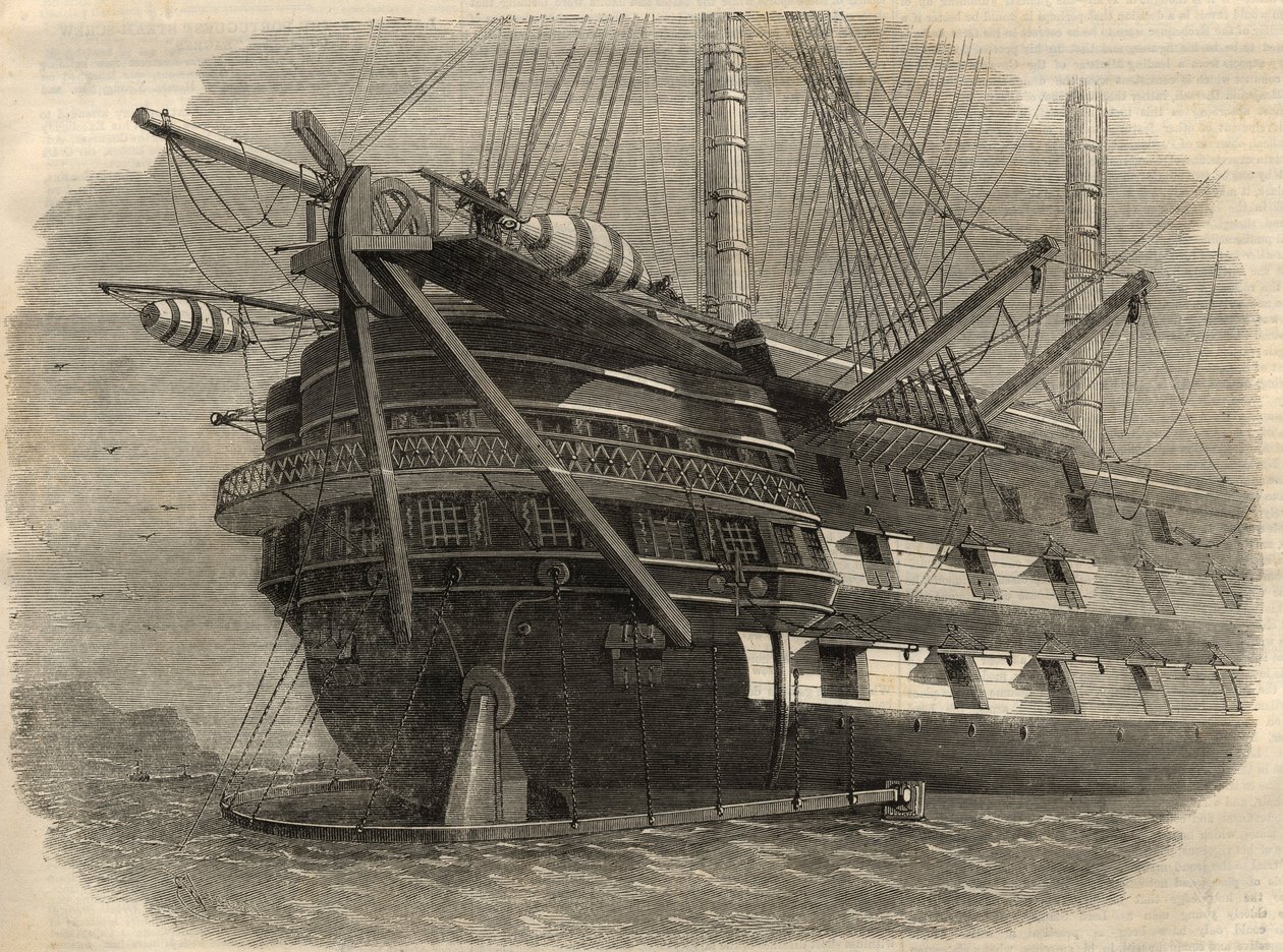 Telegrafi: utsikt över aktern på fartyget H.M.S. "Agamemnon"" som kommer att lägga den första transatlantiska kabeln. Gravyr i "" The Illustrated London News"" av 5 juni av Unknown artist