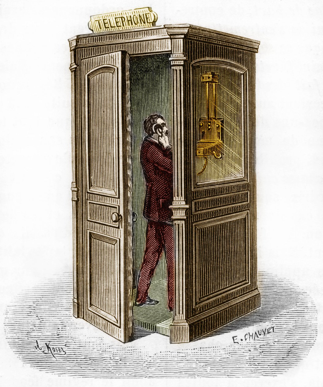 Telefonkiosk 1888. Gravyr i "The Journal of Youth" av Unknown artist