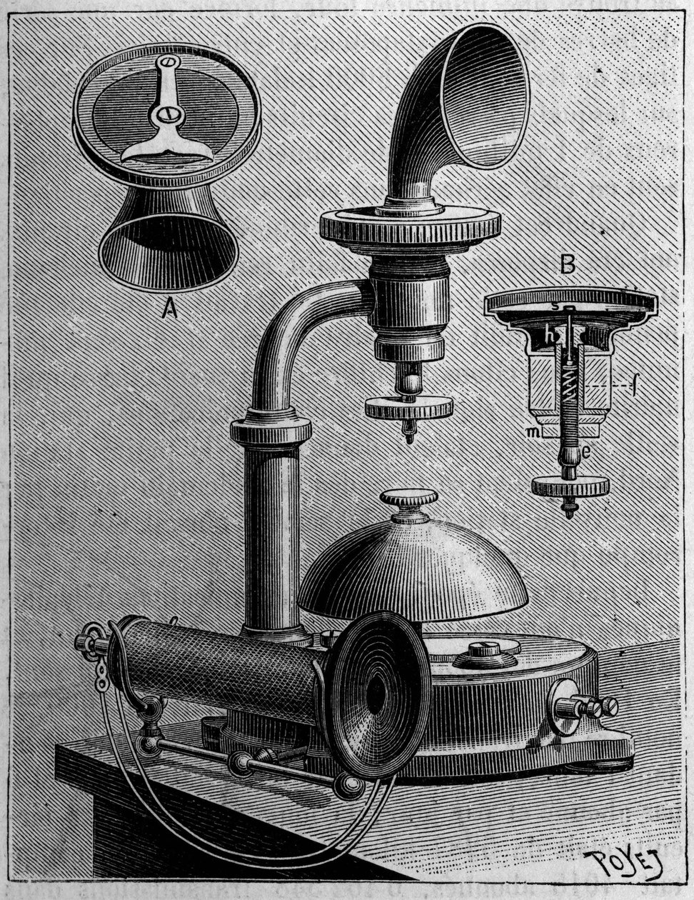 Telefoni i Sverige: modell av en telefon från Ericsson Company. Gravyr i "" Nature: granskning av vetenskaperna och deras tillämpningar på konst och industri "" av 23 mars 1889. av Unknown artist