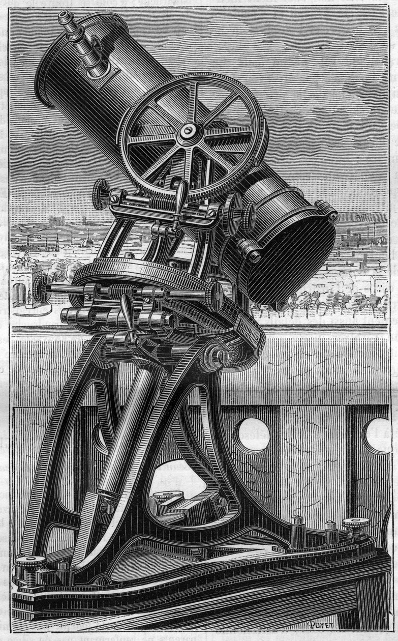 Teleskop för Trocadero Popular Observatory i Paris. Gravyr i "" La Nature"" av Unknown artist