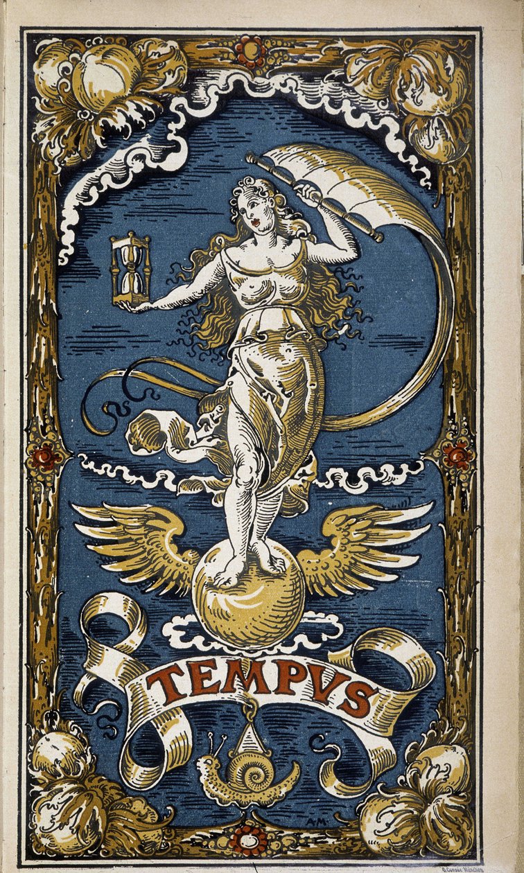 Tempus: allegori över tiden (kvinnlig figur med timglas, vind, vingar), illustration för kalendern 1889. av Unknown artist