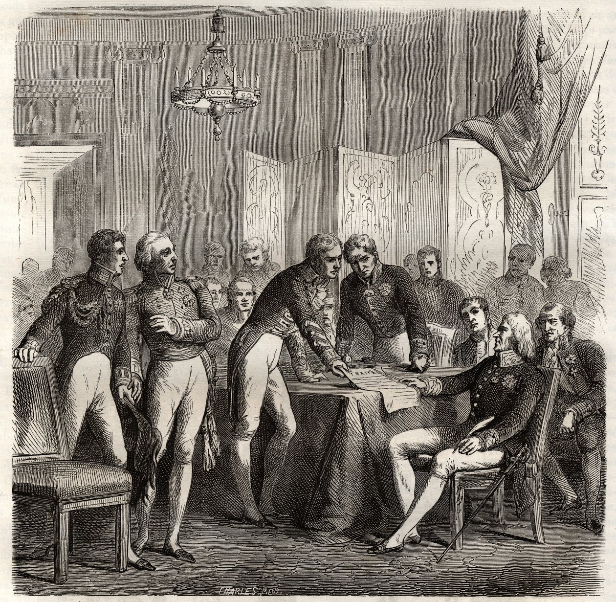 Alliansen 1834 mellan Storbritannien, Frankrike, Spanien och Portugal för att genomdriva Evoramontes koncession - Inför Don Carlos anspråk på den spanska tronen, Quadruple Alliance (Charles-Maurice de Talleyrand - Don Manuel Pando-Fernandez av Unknown artist