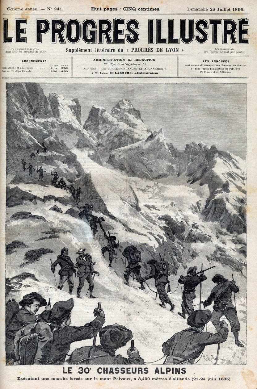 De 30:e alpina jägarna genomför en påtvingad marsch på berget Pelvoux på 3400 meters höjd den 21-24 juni 1895 - gravering i "Le Progres illustrious"" från 1895 av Unknown artist