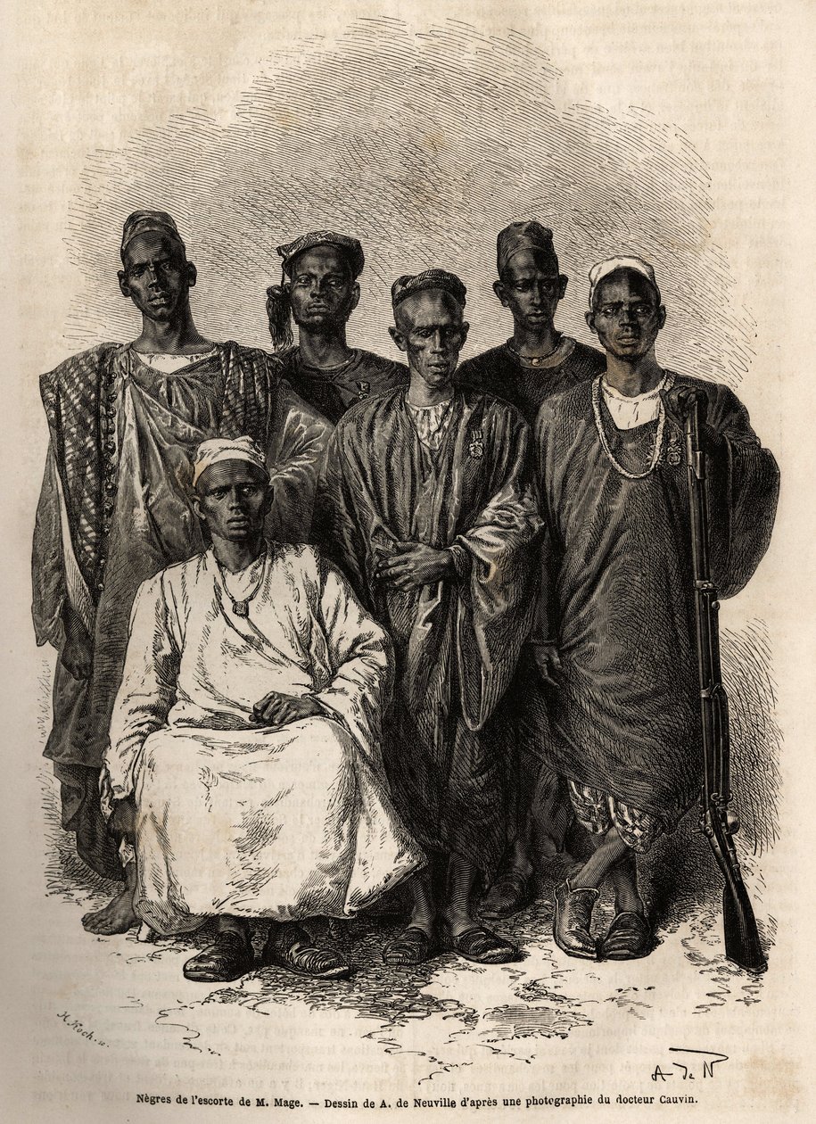 Den afrikanska eskorten av Mage, löjtnant-on-the-ship, skickade på ett uppdrag till Niger. Gravyr för att illustrera historien om löjtnant Mages resa i västra Sudan mellan 1863 och 1866, publicerad i "Le tour du monde, nouveau journal des voyages", rediger av Unknown artist