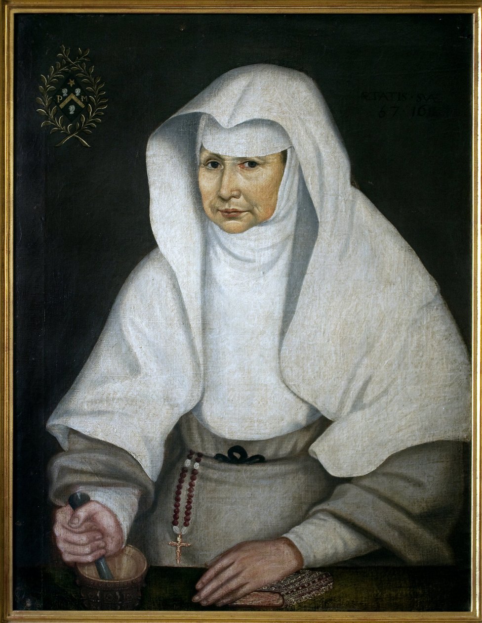 Apotekarsystern Pierrette Monnet (1557-1628), på Hotel Dieu de Beaune. Representerad med en mortel och hans mortelstöt har sin hand. Anonym målning, olja på duk av Unknown artist
