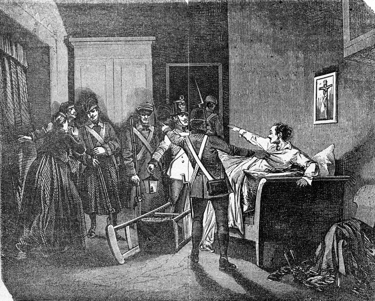Den österrikisk-ungerska polisen arresterade en carbonaro (carboneria, kolindustri), en medlem av det hemliga politiska samhället. Gravyr av 1800-talet. av Unknown artist