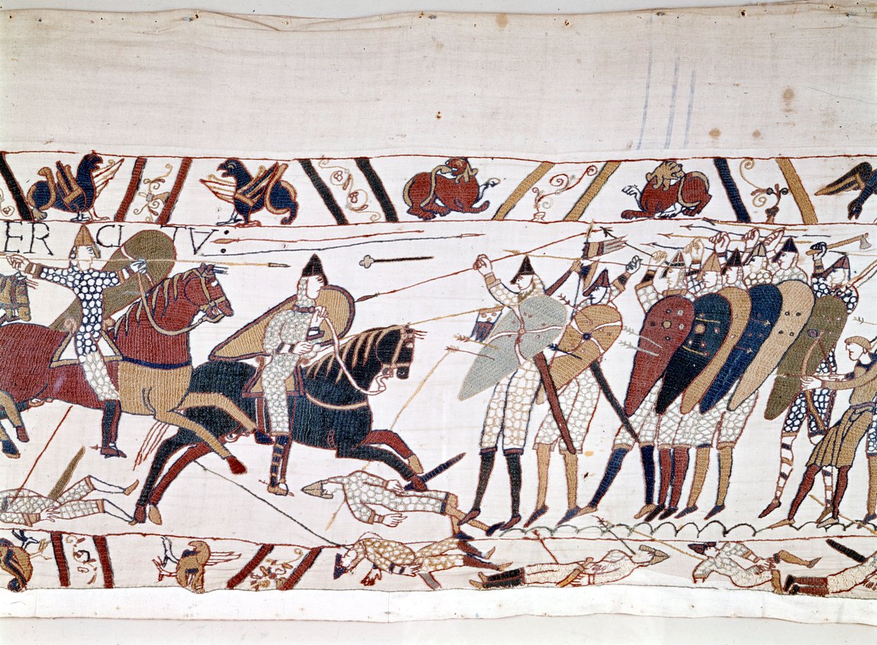 Slaget vid Hastings, vunnet av Vilhelm I Erövraren (1027 - 1087) den 14/10/1066 och under vilken kung Harold II av England dog (1022 - 1066). Bayeux gobeläng, känd som Broderi av drottning Mathilde av Unknown artist