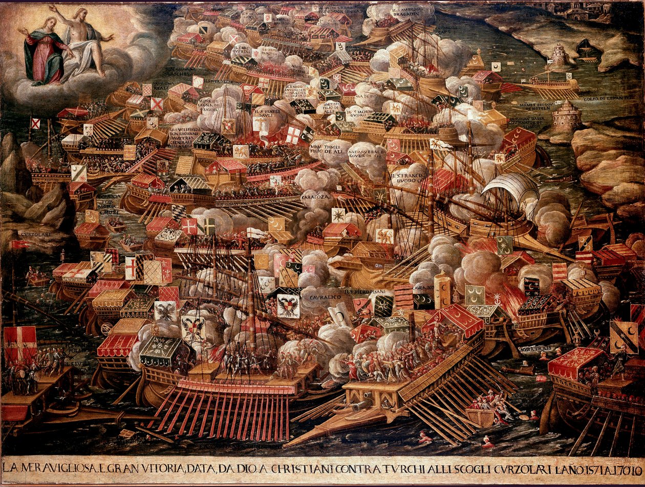 Slaget vid Lepante utanför Greklands kust motsatte sig en spansk, venetiansk och påvestyrka till ottomanerna 1571. Anonym målning. 1500-talet. Venedig Museo Correr av Unknown artist