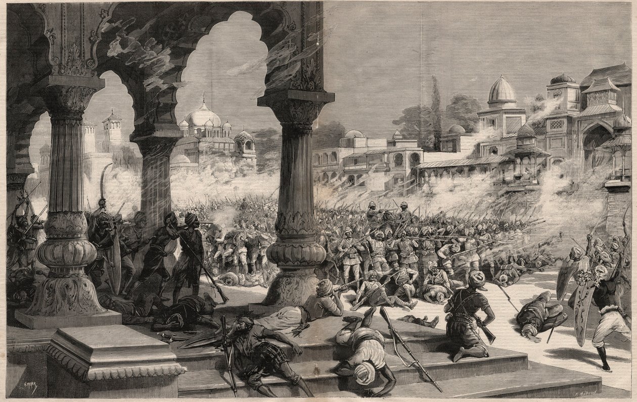 Slaget vid Manipur - brittiska indiska uppror - massaker av en kolonn på cirka 500 engelska soldater, kallad av Maharadjah vars undersåtar gjorde uppror i Manipur (territorium på gränsen till Assam och Burma) i Indien av Unknown artist