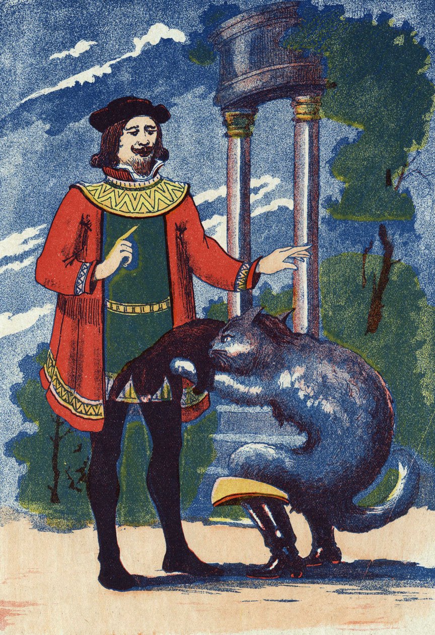 Boot Cat erbjuder en kanin till kungen. Illustration till "" Le chat Botte", berättelse av Charles Perrault (1628-1703), fransk författare. Anonym illustration. Bildmaterial Marcel Vagne, Jarville Nancy, odaterat (slutet av 1800-talet). av Unknown artist
