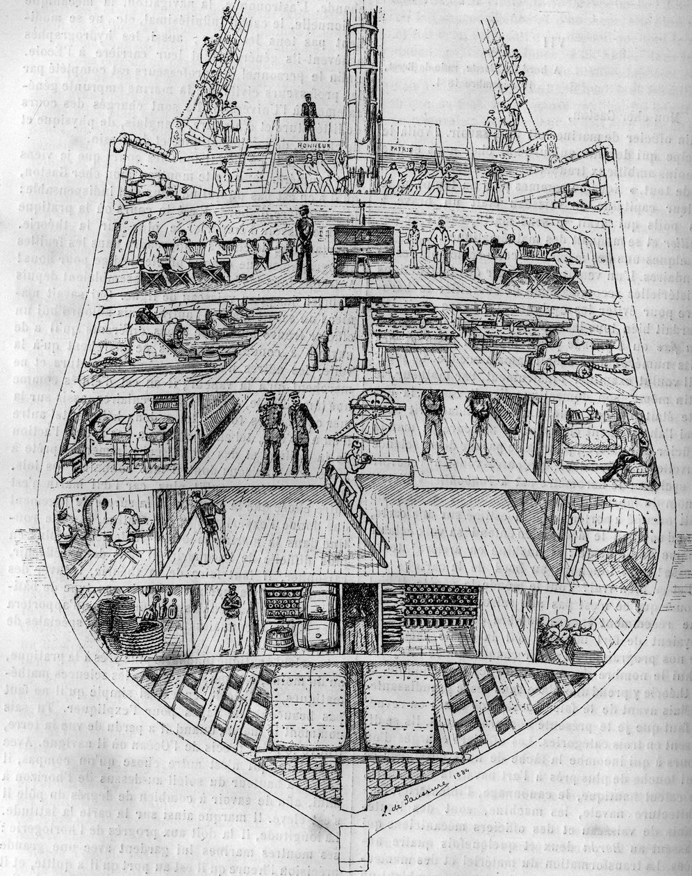 "Borda": tvärsnitt av båten. Teckning av M.L. de Saussure. Gravyr i "The Journal of Youth" av Unknown artist