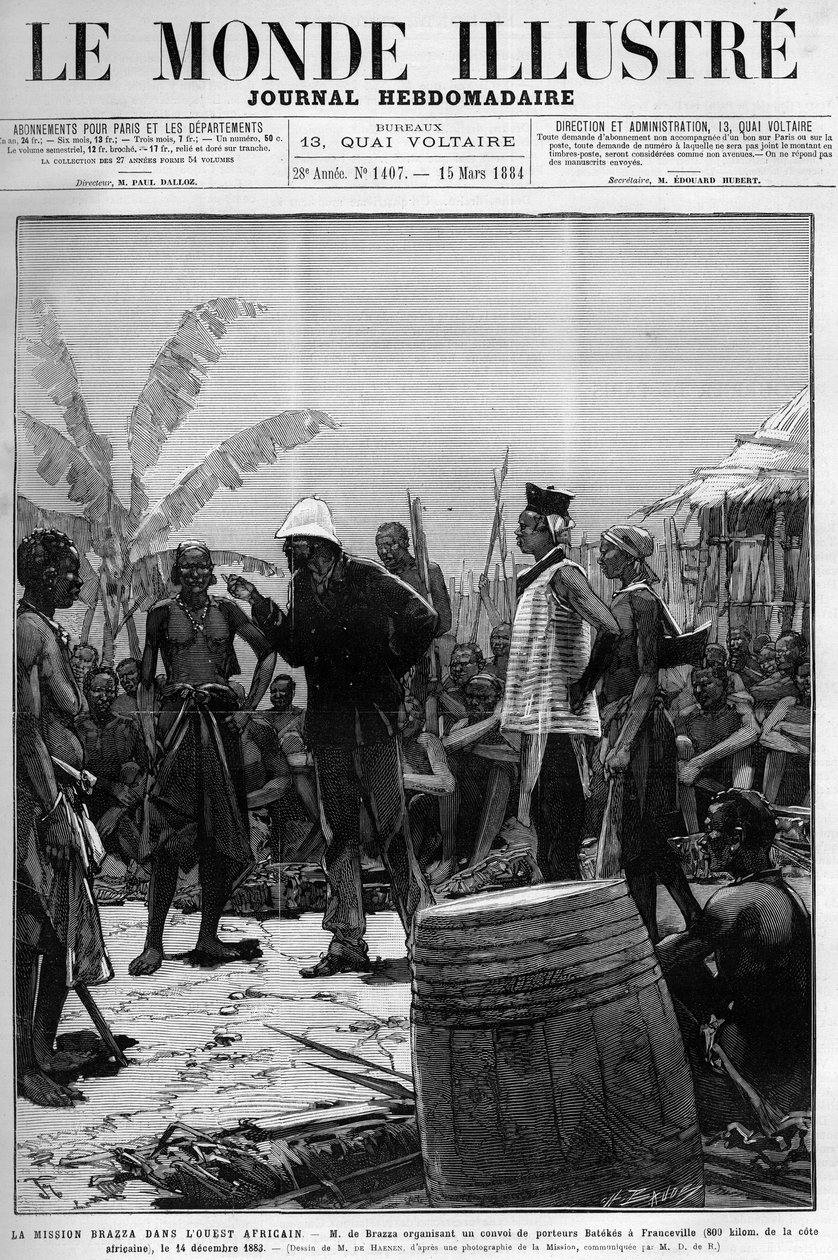 Brazzamissionen i Västafrika: Pietro Paolo Savorgnan di Brazza eller Pierre Paul Francois Camille Savorgnan de Brazza (1852-1905) organiserade en konvoj av Batekes-bärare till Franceville (Gabon) den 14 december av Unknown artist