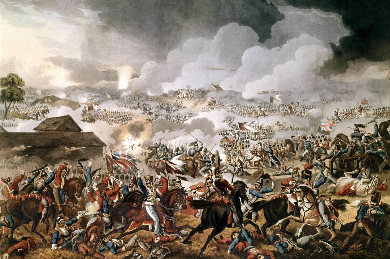 Den brittiska armén under befäl av hertigen av Wellington (1769 - 1852) vann slaget vid Waterloo mot Napoleon I:s franska trupper den 18/06/1815. Gravyr av perioden. av Unknown artist