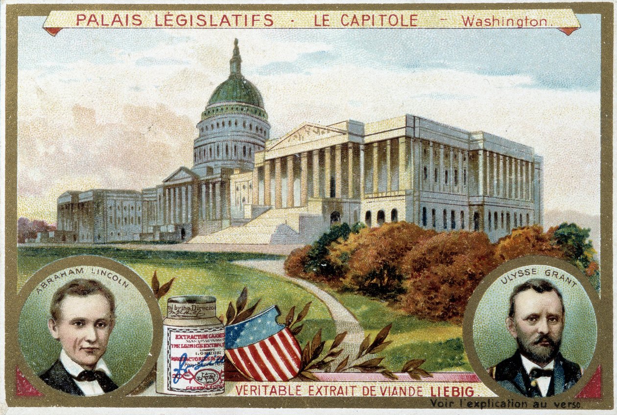 The Capitol, American Congress Palace, Washington (USA), med porträtt av Abraham Lincoln (1809-1865) och Ulysses Grant (1822-1885) - Liebig-kromolitografi av Unknown artist