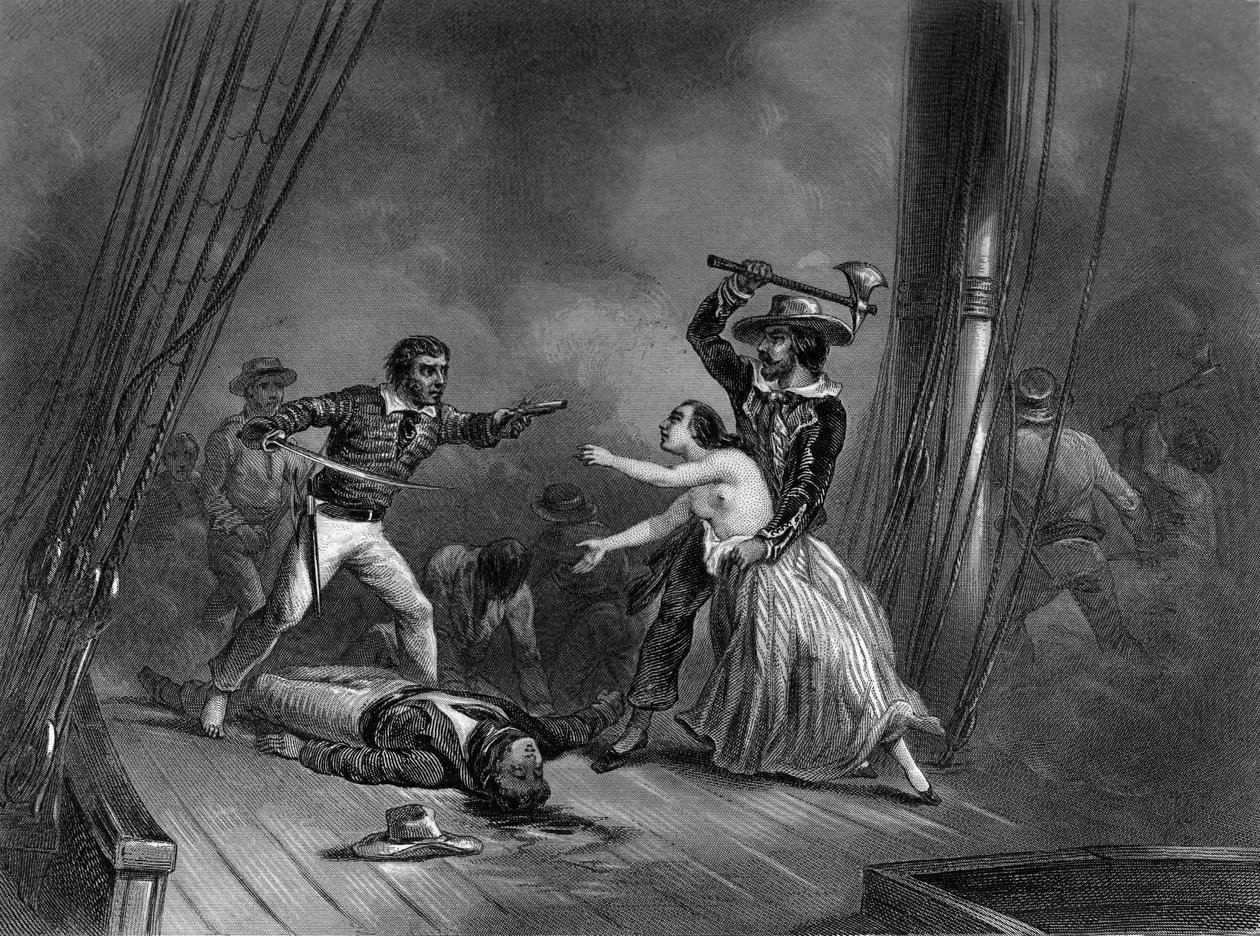 Den karibiska piraten Morgan kidnappar den vackra spanjoren. i "General History of the Navy" av Van Tenac av Unknown artist
