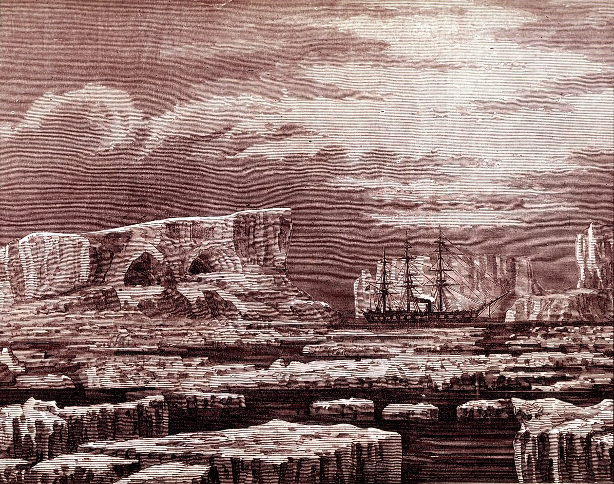 Challengerbåten mitt bland isbergen. av Unknown artist