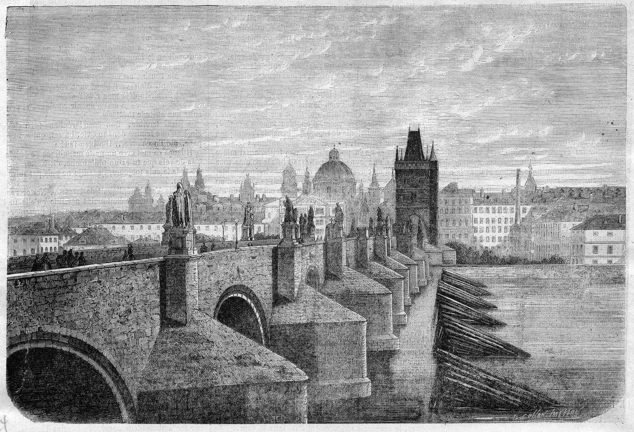 Karlsbron i Prag - Gravyr i "" The Illustrous Journal"" av Unknown artist