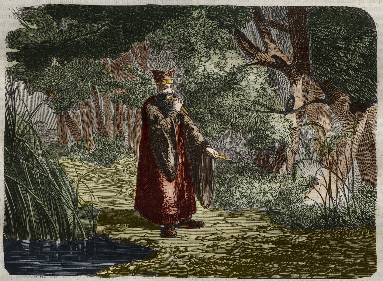 Den kinesiska Ling Mon (Ling-lun) (Lihng-lewn) upptäcker stämningen genom att blåsa i stammen på en bambu. 2600-talet f.Kr. Gravyr från 1859 i "" Le Musee Des Sciences"" av Unknown artist