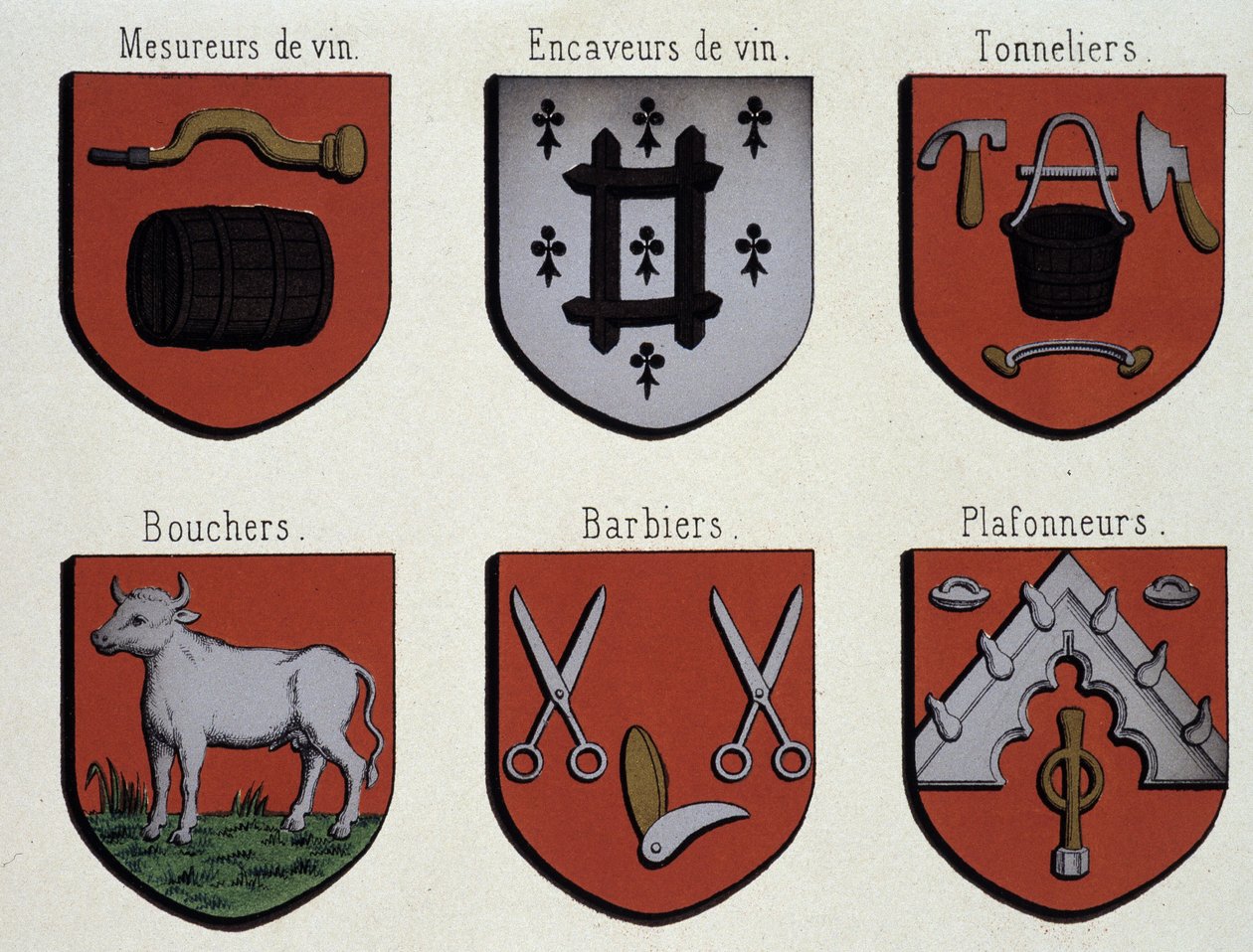 Gents vapensköldar (exemplar av medeltidens vapensköldar): vinmätare, vingrottare, kukare, slaktare, barberare, tak av Unknown artist