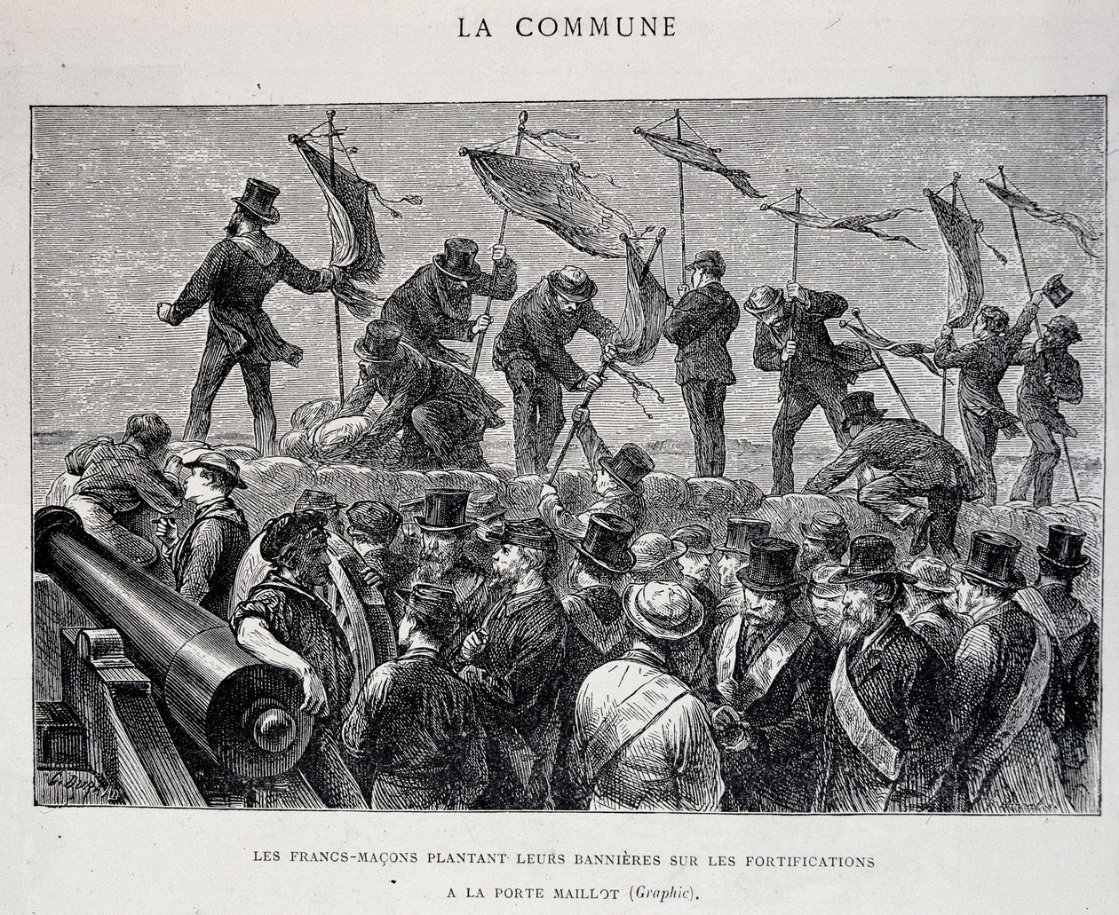 Kommunen: Frimurare planterar sina fanor på befästningarna vid Porte Maillot (1871) - gravyr av Unknown artist