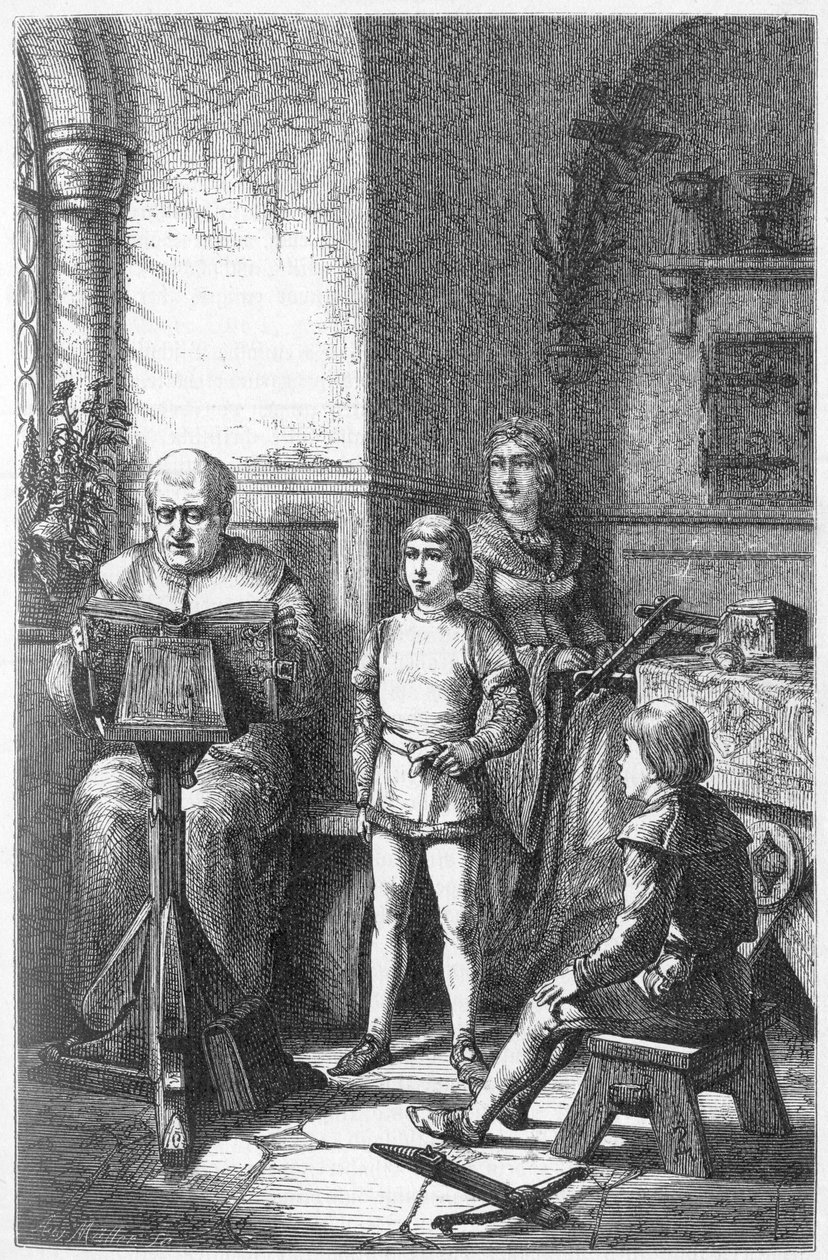 Constance Eveque läser den tyska historien i Conrad, känd som Conradin de Hohenstaufen (1252-1268) och Fredrik I av Baden-Baden ((Friedrich I von Baden-Baden) av Unknown artist