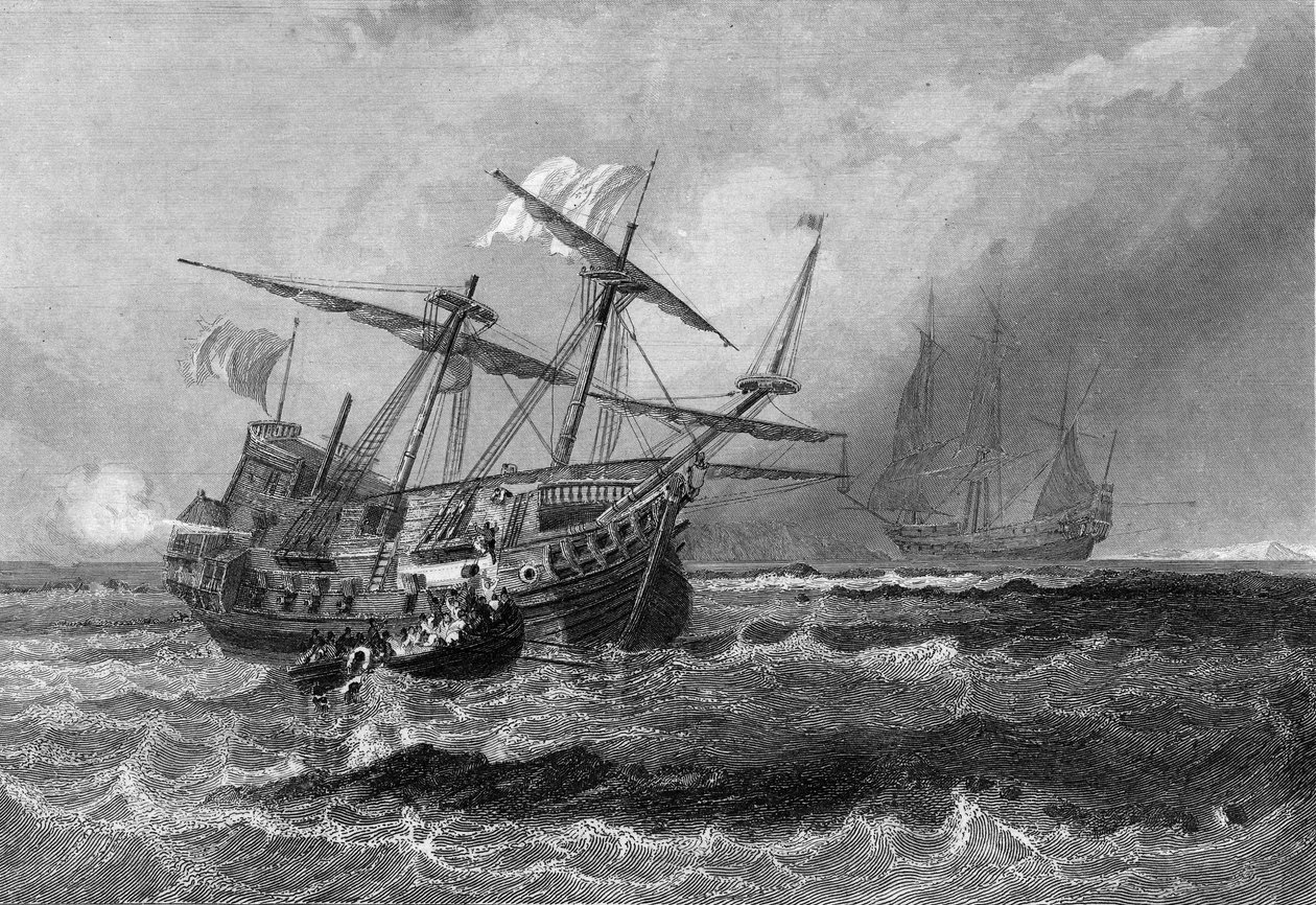 Corbin förlorade på revet på Maldiverna den 1 juli 1602. I "" General History of the Navy"" av Van Tenac av Unknown artist