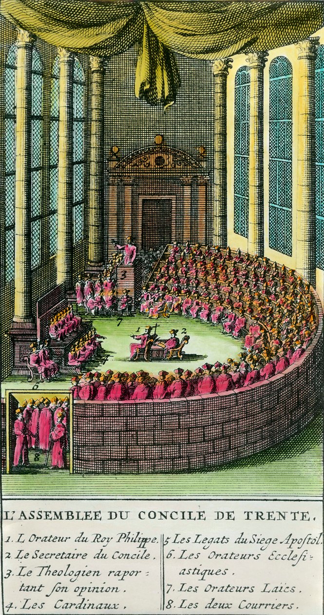 Konciliet i Trent. Illustration med beskrivning av medlemmarna närvarande vid sammankomsten. Konciliet i Trent sammankallades av påven Paul III (representant för den romersk-katolska kyrkan) 1545, som svar på önskemål från Martin Luther i f. av Unknown artist