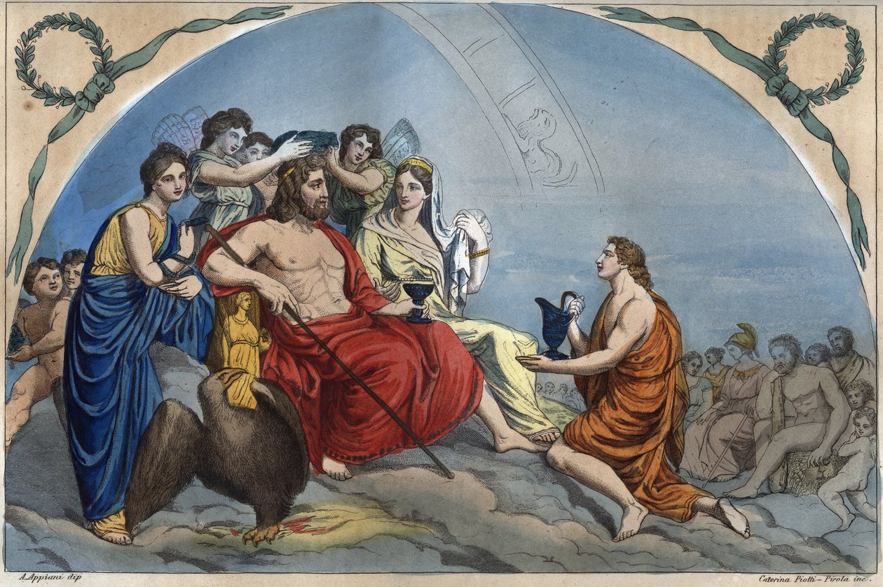 The Council of the Gods (eller Assembly of the Gods): Zeus på Olympus omger gudomliga - Olympus gravyr från "" Seder av alla folk i universum. Det är historien om regeringen, lagarna, milisen, alla nationers religion d av Unknown artist