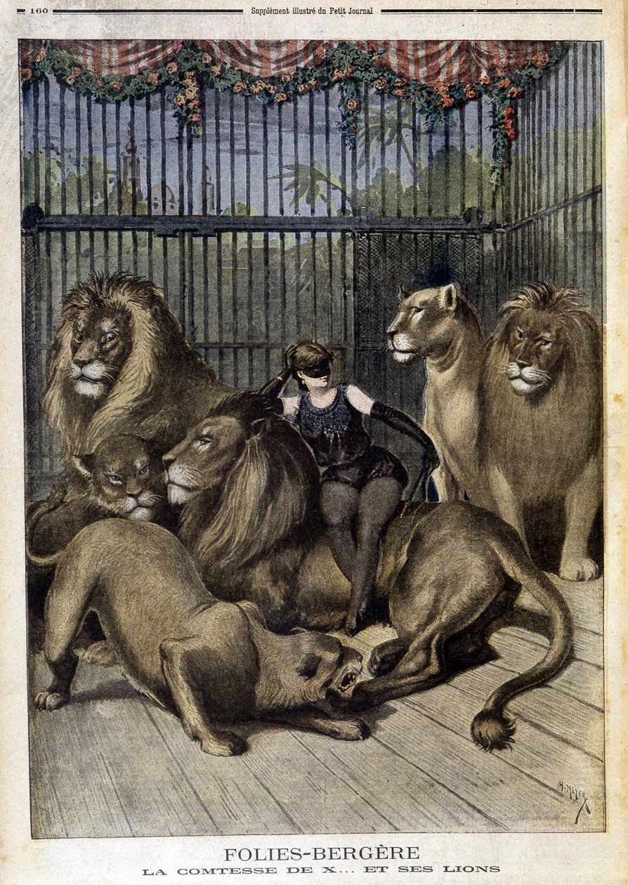 Grevinnan av X... och hennes lejon på showen på Folies Bergères i Paris. I Le petit Journal, den 19/05/1895. av Unknown artist