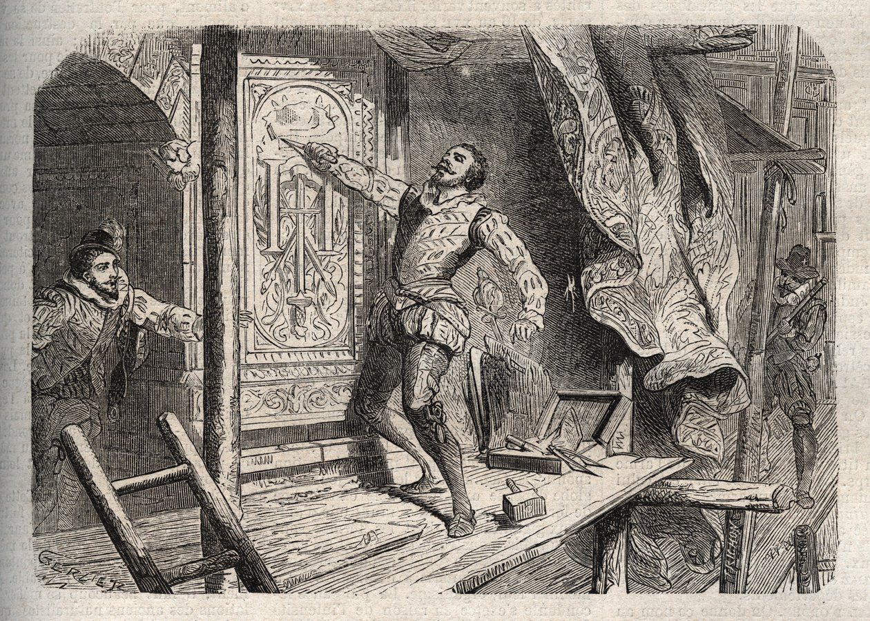 Jean Goujons död (1510-1562 eller 1569), dog enligt en legend 1572, under Saint Barthelemy - gravering i "" Dictionnaire populaire illustrious"" - 1864 - av Joseph Decembre och Edmond Allonier - av Unknown artist