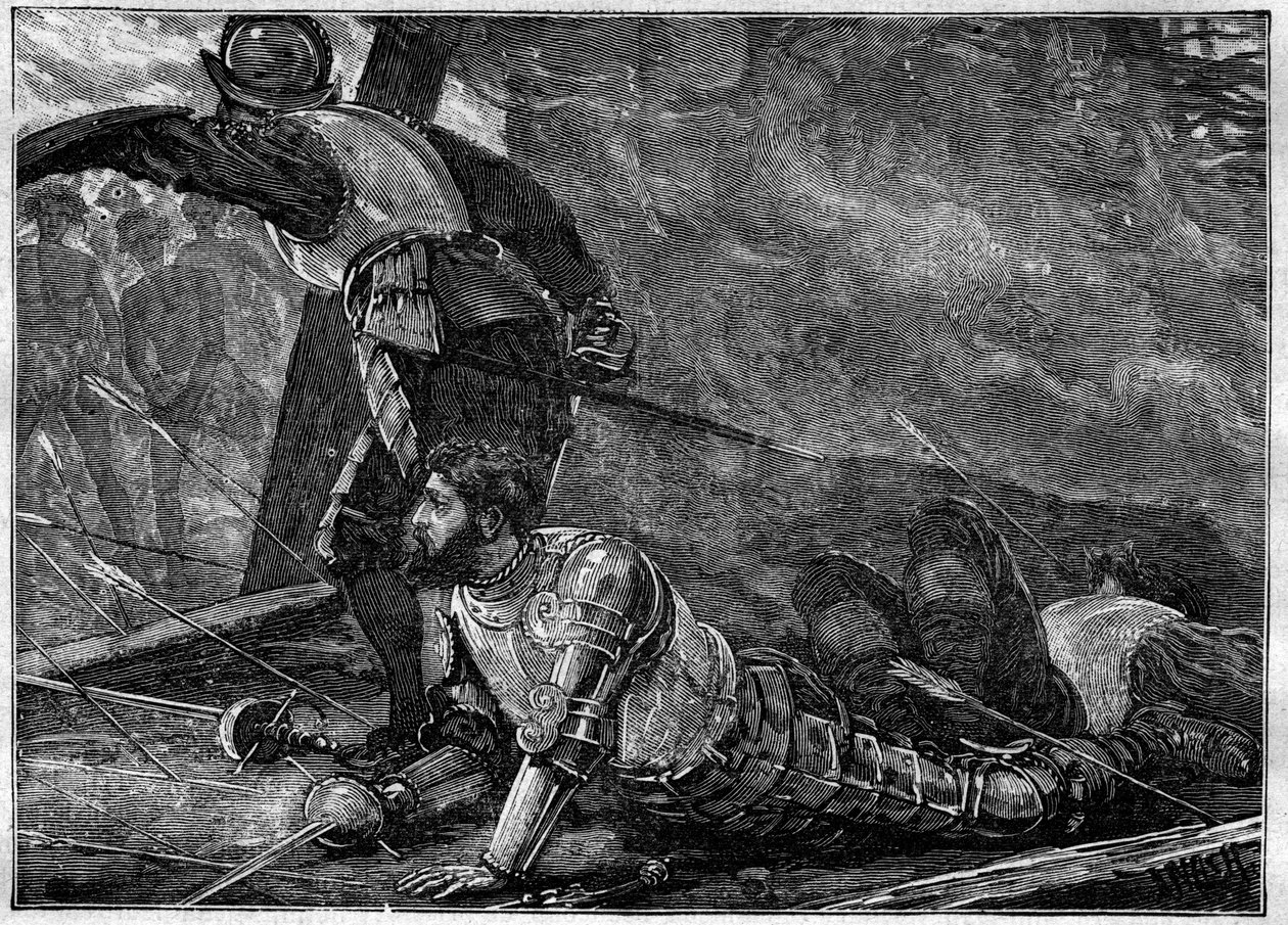 Juans död av La Cosa - Juan de la Cosas död (1460-1510) kartograf, conquistador och spansk upptäcktsresande i Cartagena, Colombia - gravyr från 1887 av Unknown artist
