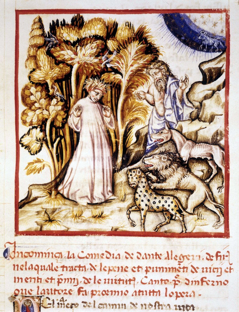 Den gudomliga komedin av Dante Alighieri. Miniatyr föreställande Dante, Vergilius och de tre bestarna. 1300-talsmanuskript. Kommunal Bibl. av Rimini. av Unknown artist