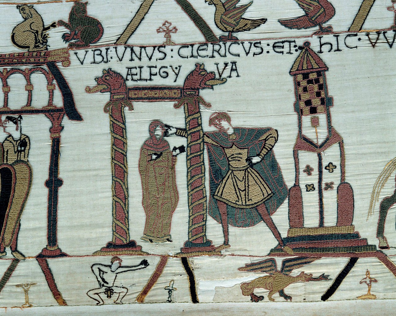 Hertigen av Normandie Vilhelm Erövraren (1027-1087) lovar sin dotter Aelfgyve till Harold i äktenskap Nedre vänstra, representation av en naken man. Detalj av Bayeuxtapet eller broderi av drottning Mathilde av Unknown artist