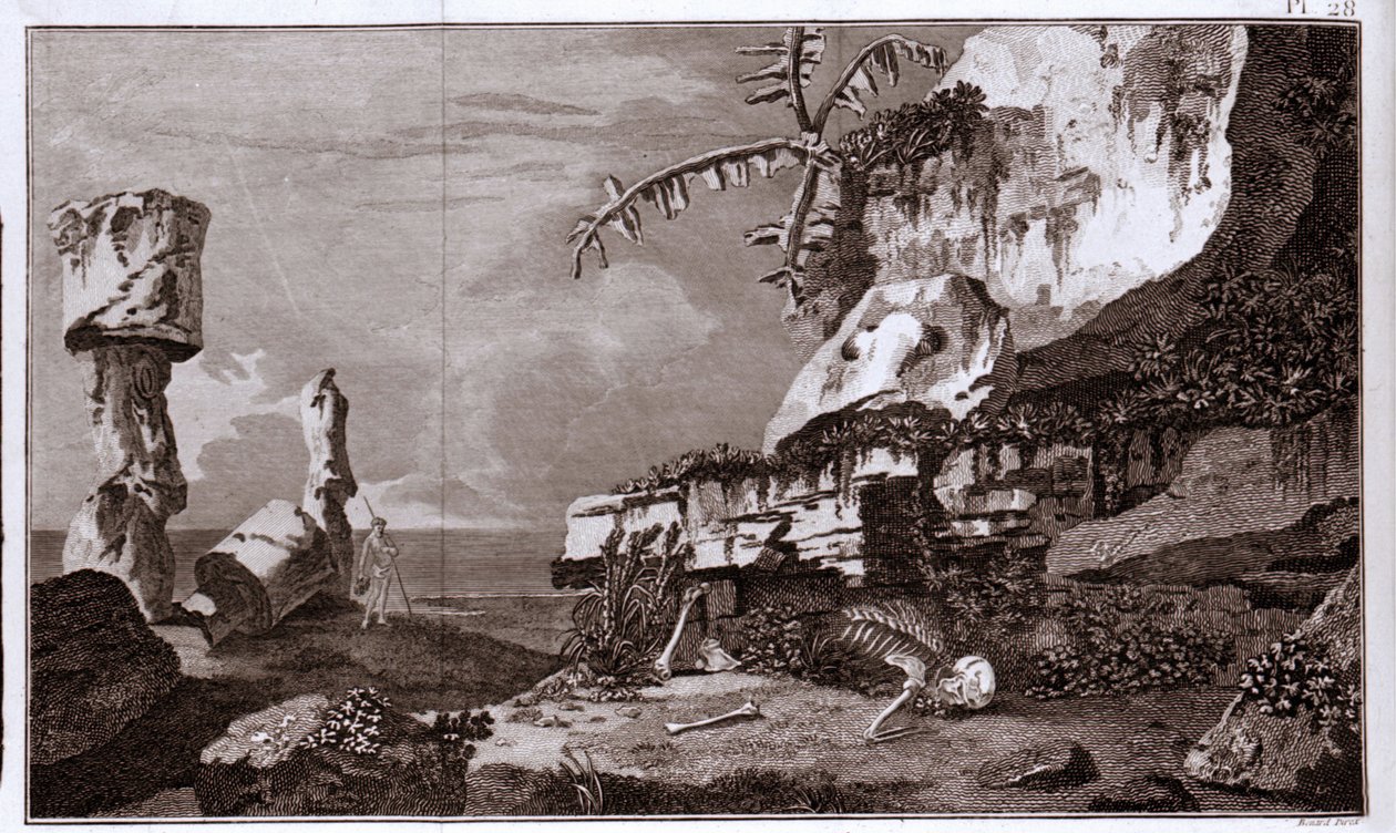 Påskön (Rapa Nui) i Polynesien efter "Viaggi del Capitano Cook", gravyr från 1800-talet. av Unknown artist