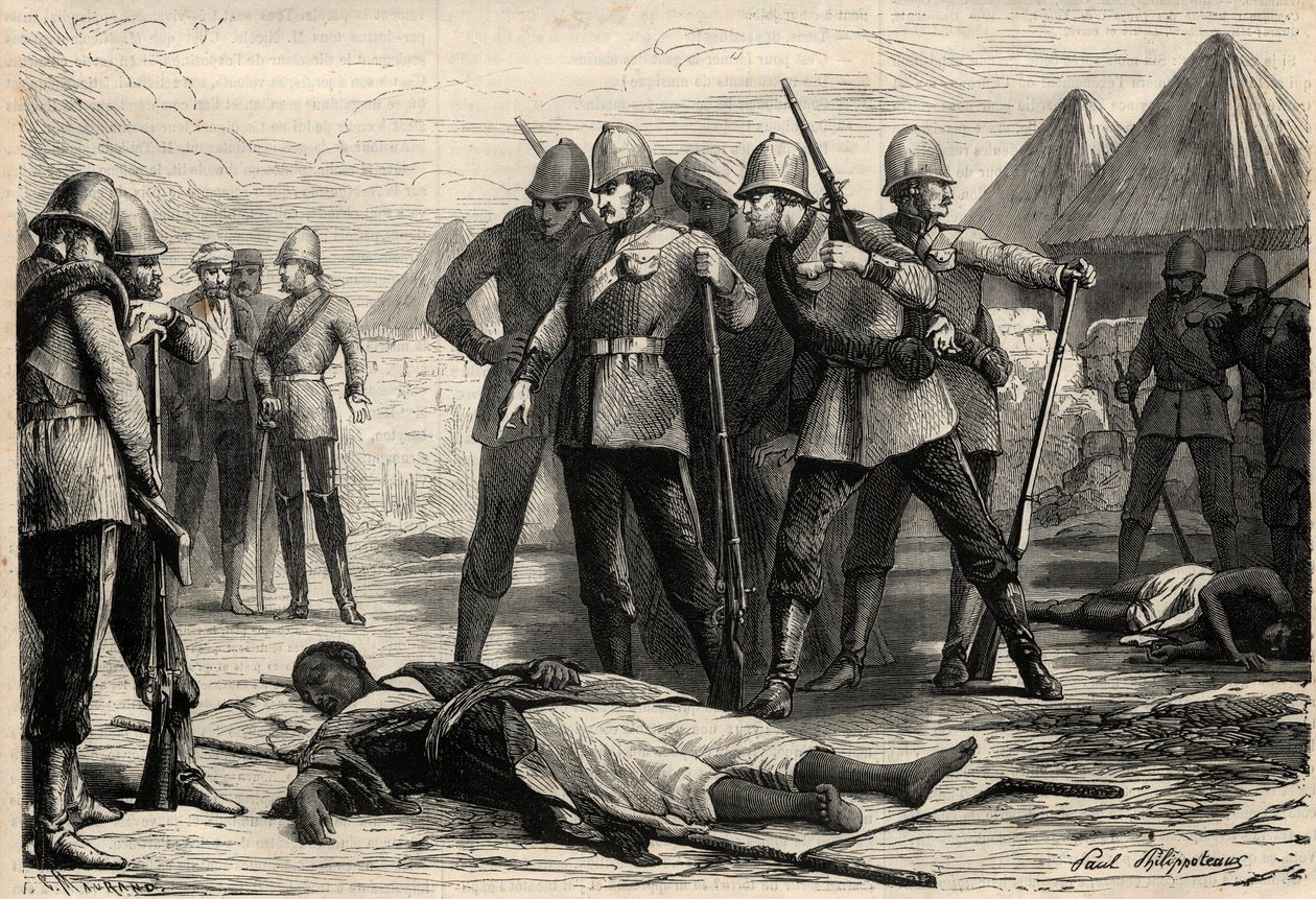 Kejsaren (negus) av Etiopien Theodoros II (Tewodros) dog den 13 april 1868 efter att engelsmännen intagit Magdala, där negusen hade dragit sig tillbaka. Gravyr i "" L