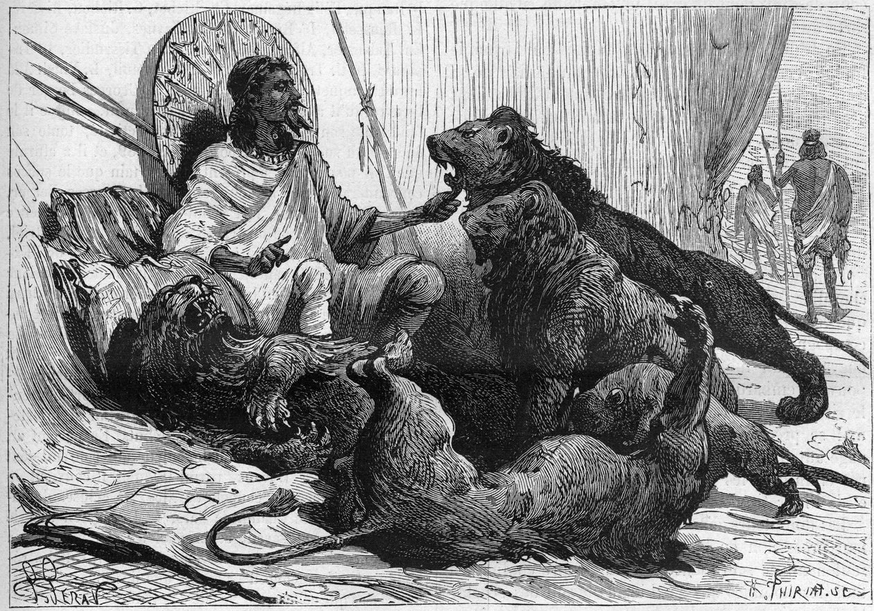 Kejsaren (ras) Theodoros av Abessinien omger sina lejon. I "Nature" från 1888. av Unknown artist