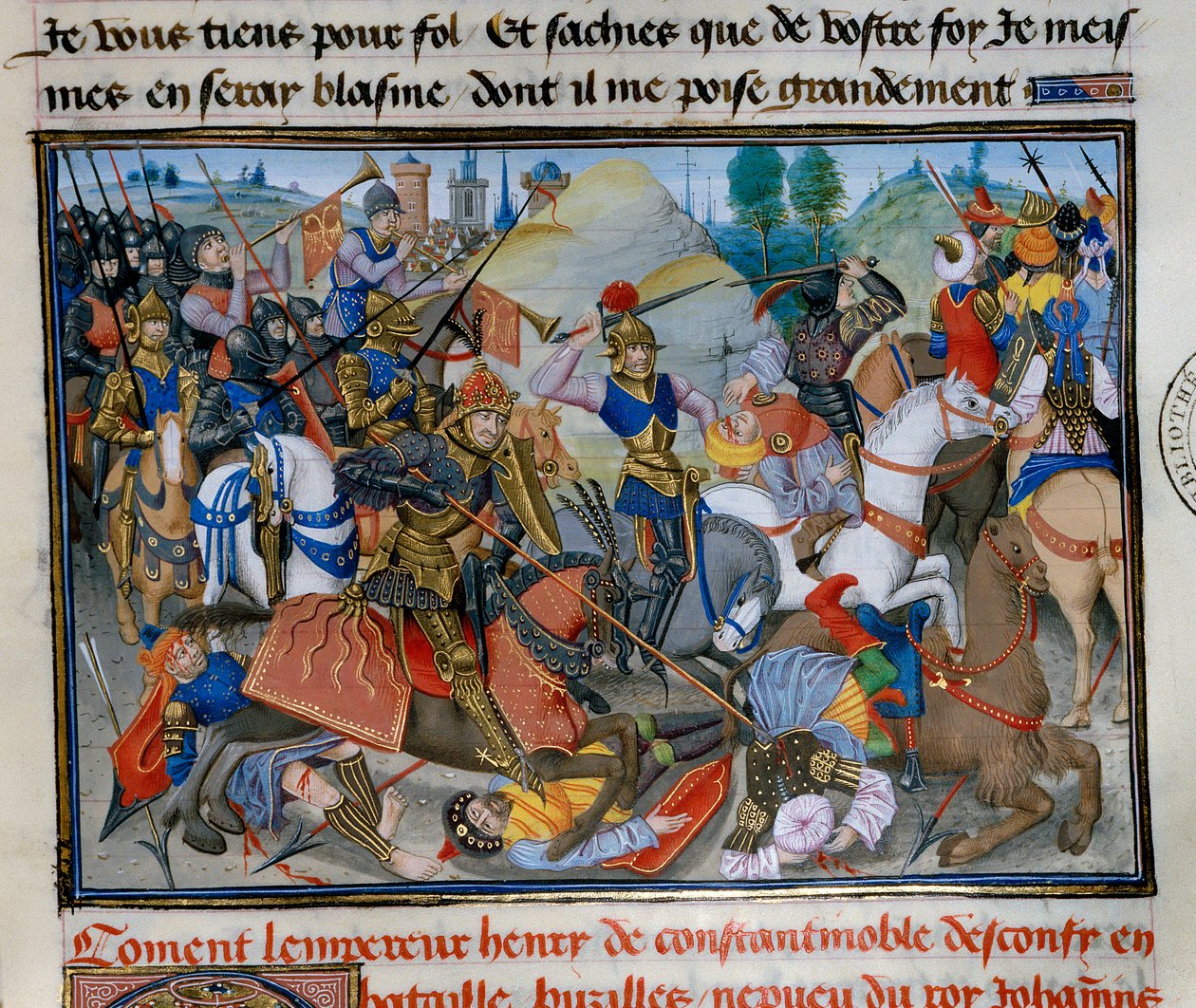 Kejsaren av Konstantinopel Henrik I av Flandern Hainaut (1177-1216) under ett slag. Miniatyr från "" Chronicle abregee"" av David Aubert av Unknown artist