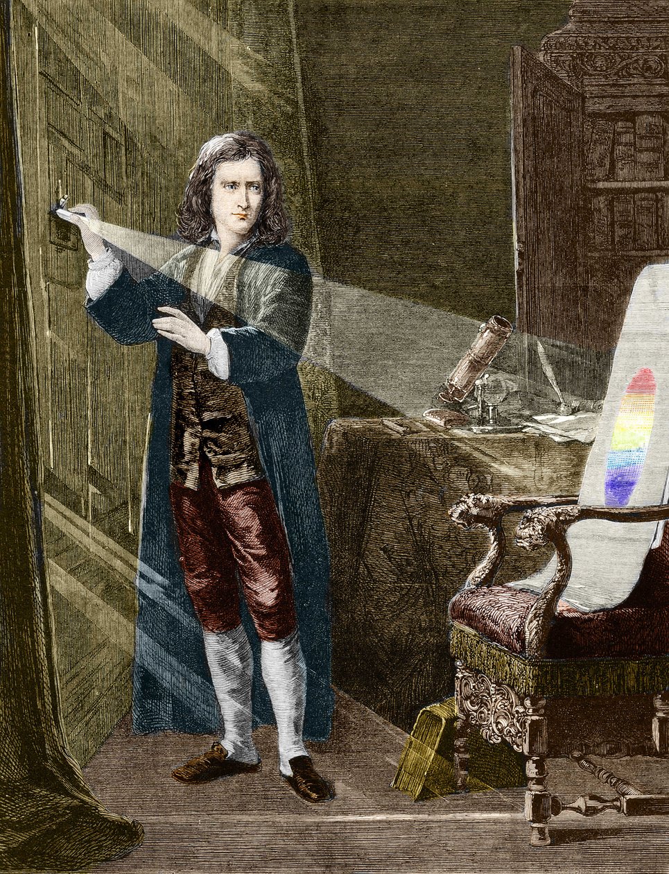 Den engelske fysikern Isaac Newton (1642-1727) sönderdelar ljus med ett prisma av glas. Gravyr från 1880. av Unknown artist