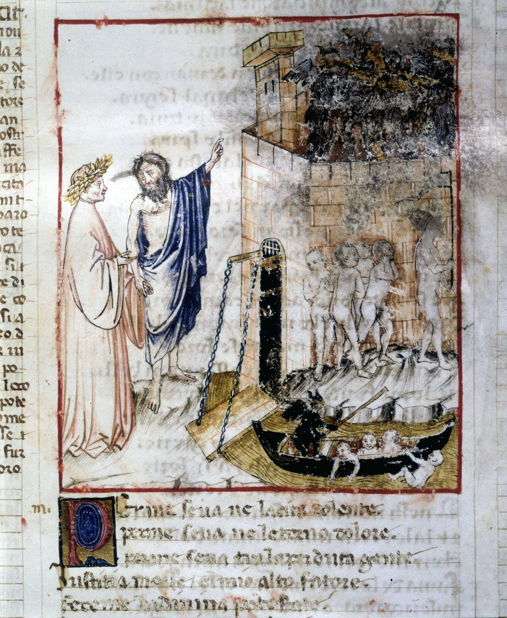 The Entrance of the Underworld - i "Den gudomliga komedin"" av Dante Alighieri, miniatyr av ett 1300-talsmanuskript, Bibl. Riminis kommun. av Unknown artist