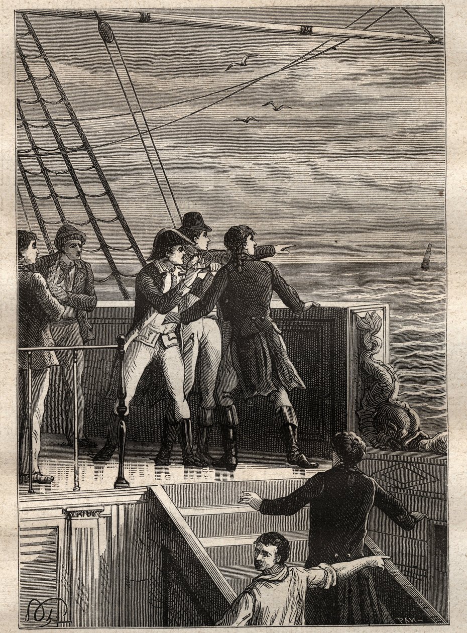 Expeditionen till de södra länderna (1800-1803) av Nicolas Baudin (1754-1803): sjömän utanför New Holland (Australien) rapporterar en slöja vid horisonten - illustration hämtad från "The Great Mariners of the 18th century" av Unknown artist
