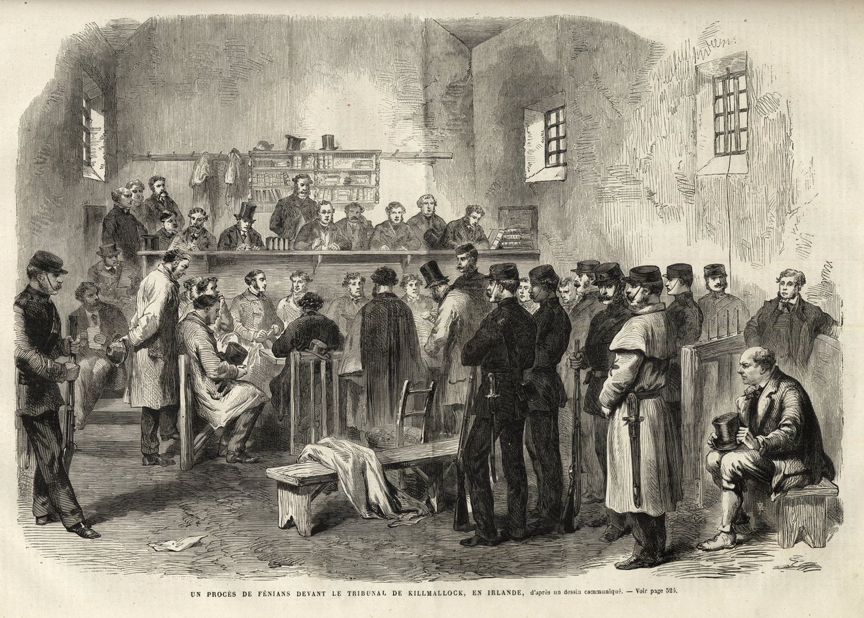 The Fenian Insurrection, undersökning av Mr Cleary i Courthouse i Kilmallock - 1867 - En rättegång mot fenianer inför Court of Kilmallock i Irland - 1867 - gravyr från "The Illustrous Universe" från 1867 av Unknown artist