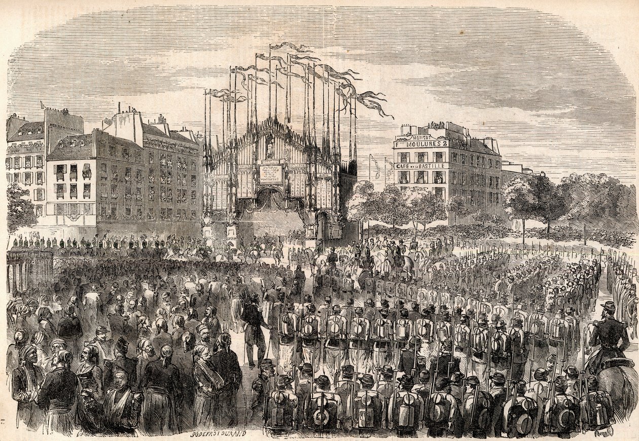 Festerna i Paris, Italiens armés intåg i Paris, Triumfbågen vid Place de la Bastille, representerande fronten av Milanos katedral - Truppernas återkomst efter Risorgimento, Paris av Unknown artist