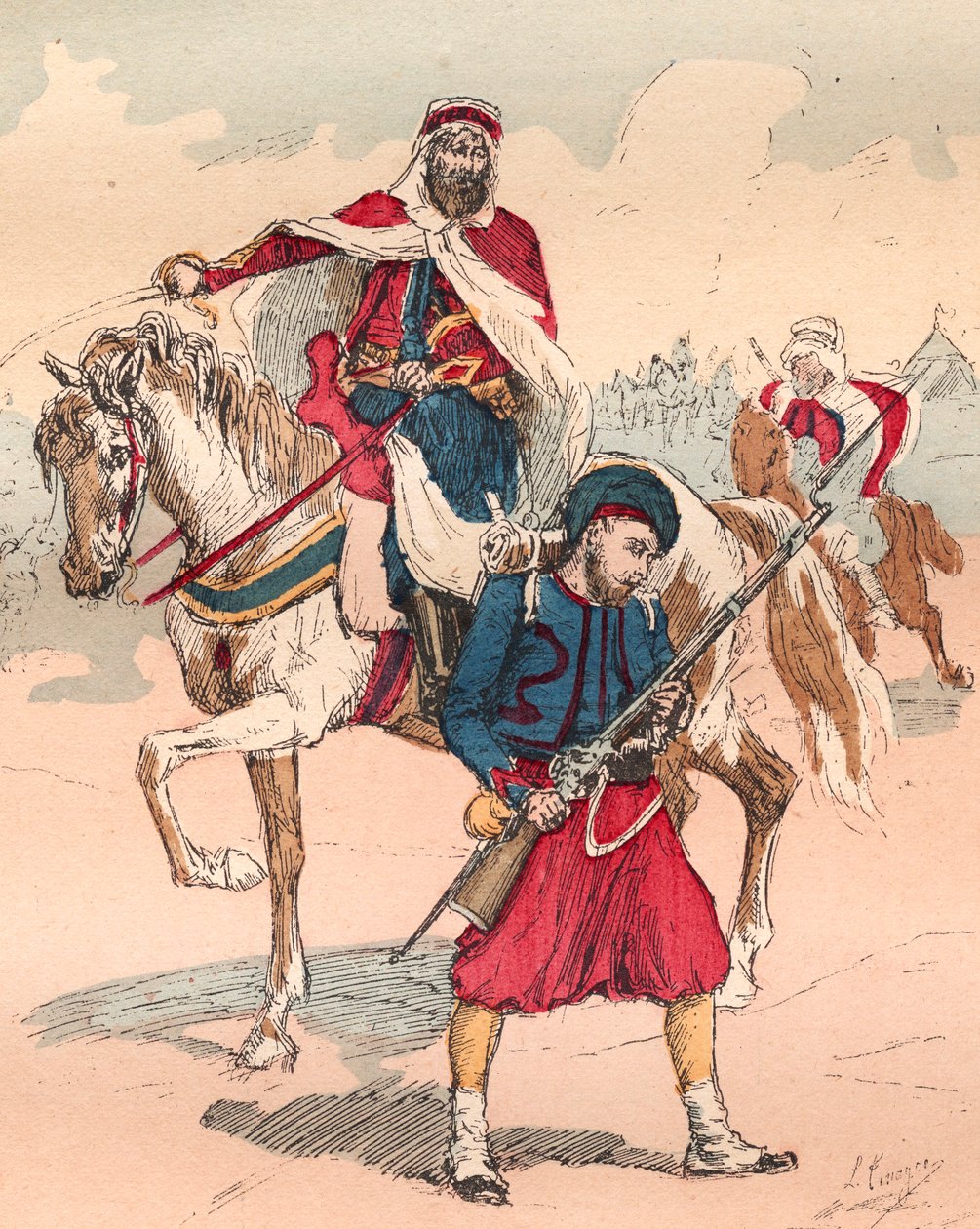 Den franska arméen under Louis Philippes regering 1830 till 1848 - Zouave och Spahi - Gravyr från 1882 i "" Histoire de dix ans: 1830-1840""" Louis-Blanc (1811-1882) av Unknown artist