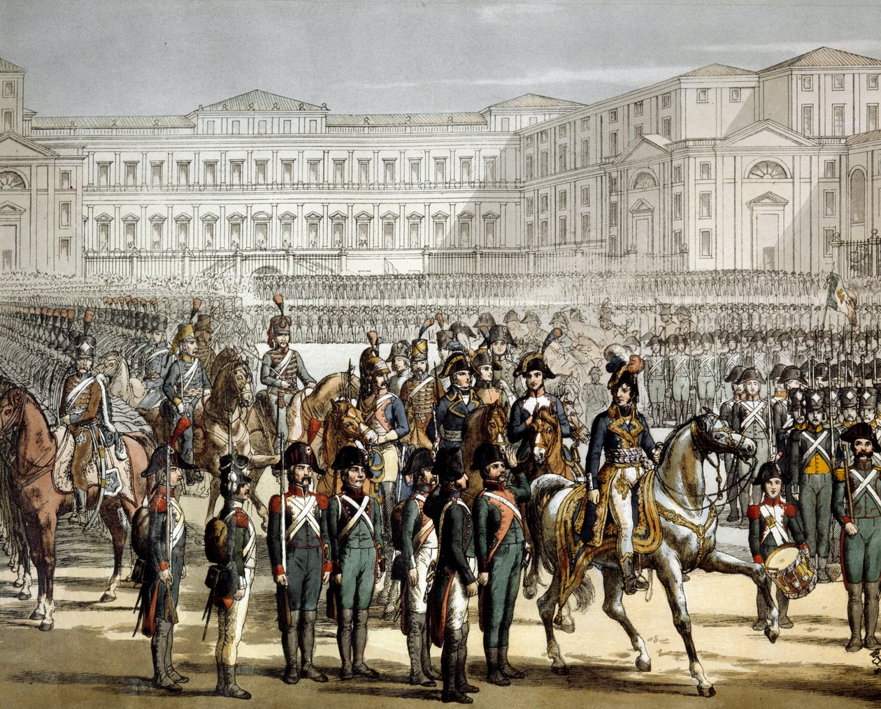Den franske generalen och kungen av Neapel Gioacchino (Joachim) Murat (1767-1815) granskar den cisalpina milisen framför Villa Reale de Monza den 07/08/1801. Gravyr Museo del Risorgimento, Milano av Unknown artist