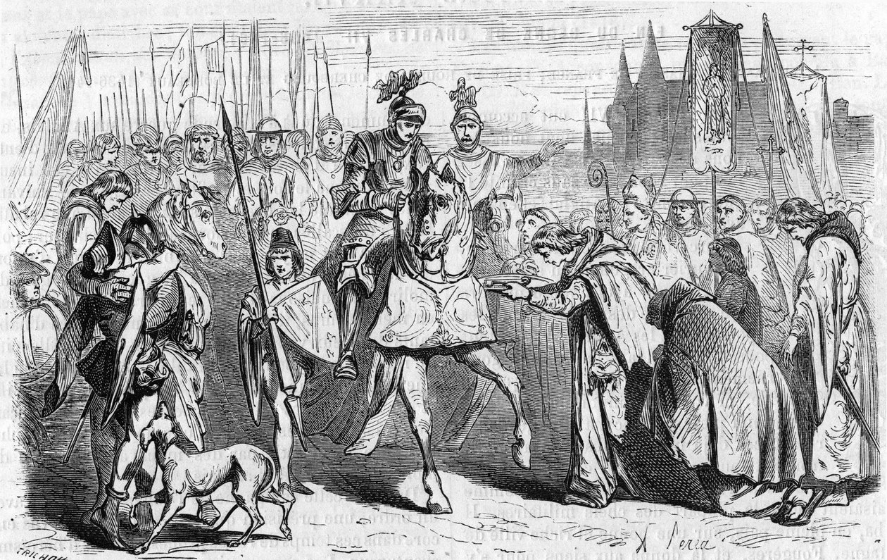 Fransmännen åkte till Bordeaux den 23 juni 1451 under Karl VII, slutet på återerövringen mot engelsmännen. Gravyr av 1800-talet. av Unknown artist