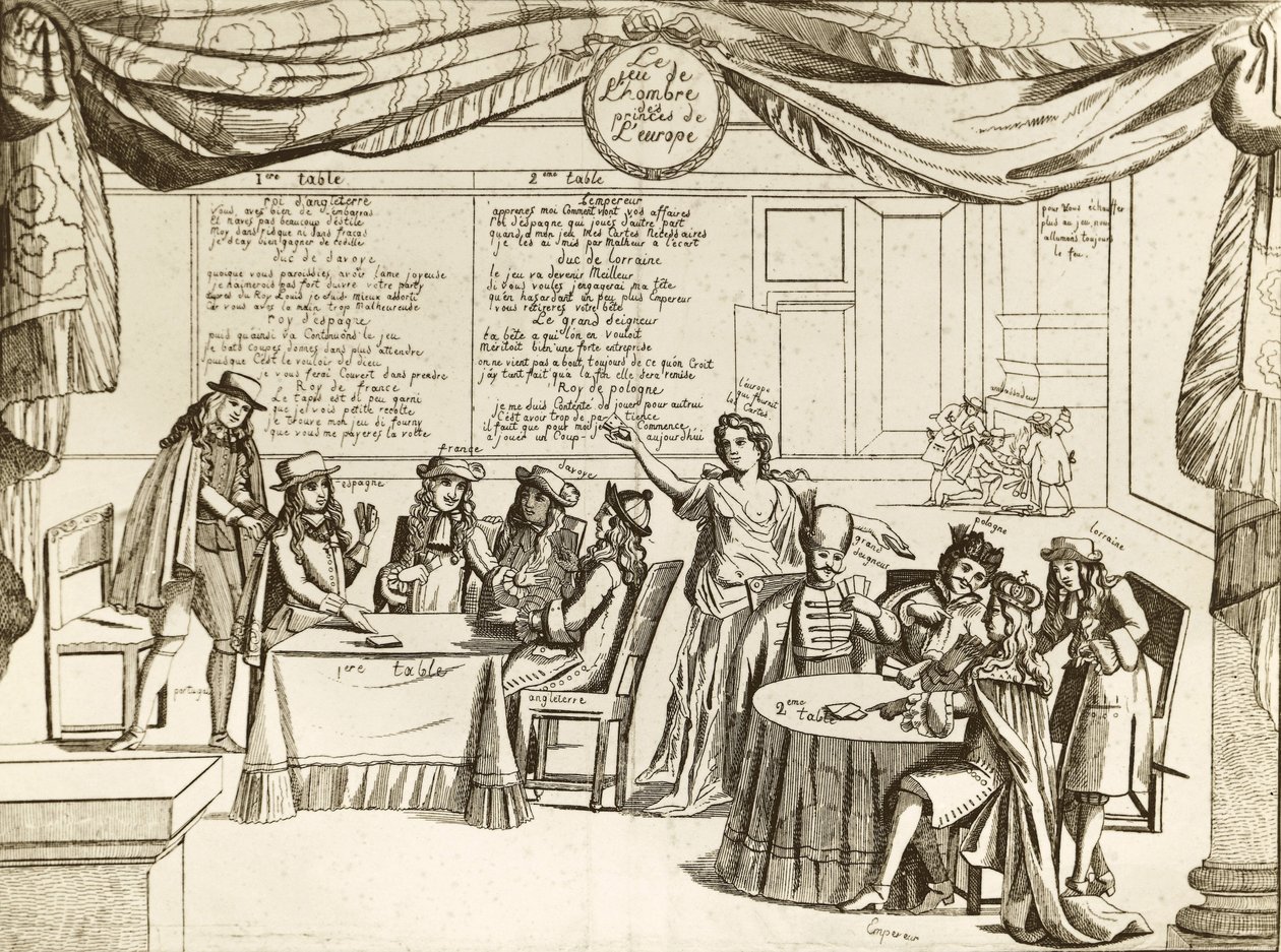 The Game of the Hombre of the Princes of Europe - Hombre, metafor för internationell politik - 1685 - Europa skärs i bitar av okontrollerade suveräner som "spelar" sina territorier som sin egen egendom - Satiren följer Treve of Regensburg, si av Unknown artist