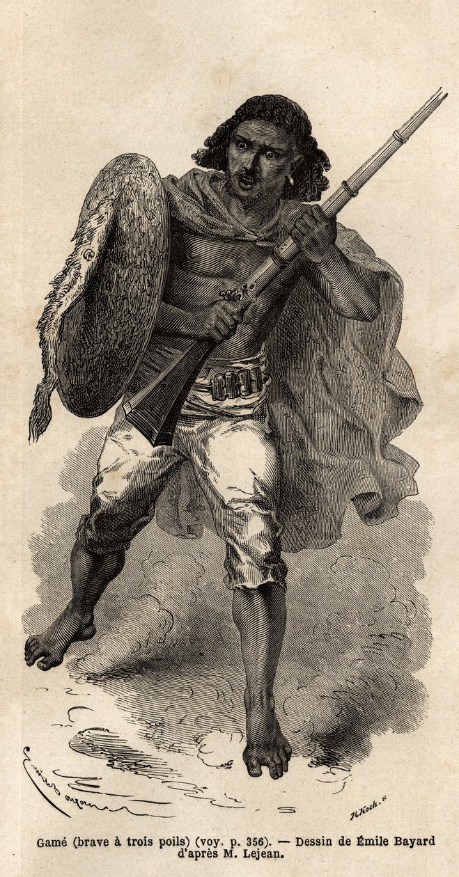 The Game, eller modig har tre hårstrån, abessinisk pistolsoldat. Gravyr för att illustrera resan till Abessinien, 1862 av Guillaume Lejean, i "Le tour du monde, nouveau journal des voyages"" publicerad under ledning av Edouard Charton av Unknown artist